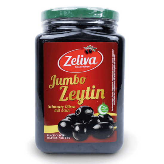 ZELIVA JUMBO BLACK OLIVES 900G GLASS